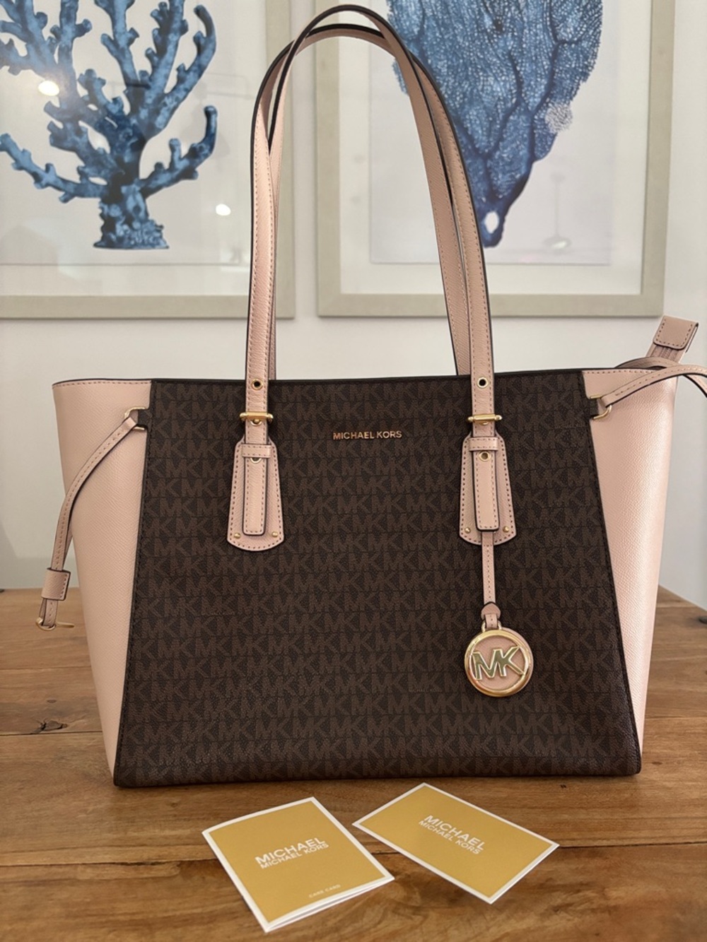 Michael Kors Voyager Medium Brown Monogram Tote with Pink Trim